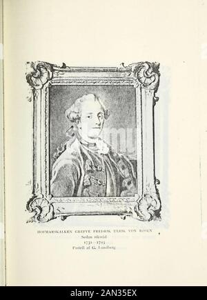 Personalhistorisk tidskrift. i a af Jean Hagen. Olja pä duka 80 x 66 cm. - Kopia efter FredrikBranders oljemålning på Gripsholm (mo 1530) af Jeanhagen. Von Rosen, Gustaf Fredrik, Född 1758, Ryttmästare 17S6, hofma,-skalk 177, landshöfding i Malmö s. Å., afsked, död 1S15. 49. Medelålders man, midjebild fas åt vänster, med blå ögon.hvit uppkammad peruk i kanonlock vid örat, svart nackrosett.Hvit nedvikt mjuk krage, tyllkrås, kråsmanschetter. Uniform, svenska dräktens Modell: Gul västt med förgylda knappar, oknäppt uptill, om lifvet blått sidenskärp, blå Rock med litenuppstående gul krage, en Stockfoto