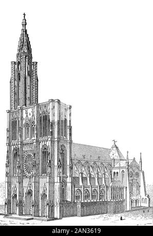 Das Straßburger Münster oder die Kathedrale Unserer Lieben Frau von Straßburg, das Elsaß, Frankreich, / Straßburger Münster oder die Kathedrale Unserer Lieben Frau von Straßburg, Elsaß, Frankreich, historisch, digital verbesserte Wiedergabe eines Originals aus dem 19. Jahrhundert / Digitale Produktion einer Originalanlage aus dem 19. Jahrhundert. Jahrhunderts Stockfoto