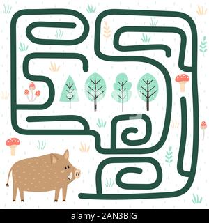 Helfen Sie dem Wildschwein, den Weg zum Wald zu finden. Labyrinth für Kinder Stock Vektor