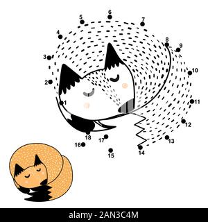 Verbinde die Punkte und ziehe einen niedlichen Schlaffuchs Stock Vektor