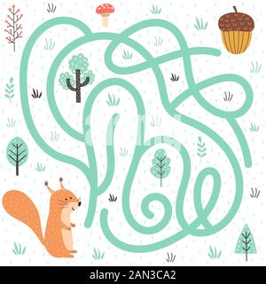 Helfen Sie dem Eichhörnchen, den Weg zur Nuss zu finden. Waldlabyrinth für Kinder Stock Vektor