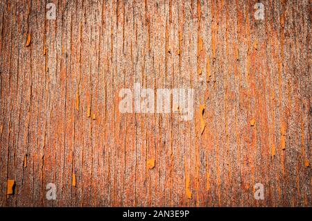Textur einer Holzwand mit Peeling orange Farbe. Vintage Holz- Hintergrund. Foto mit Vignettierung. Geringe Tiefenschärfe. Stockfoto