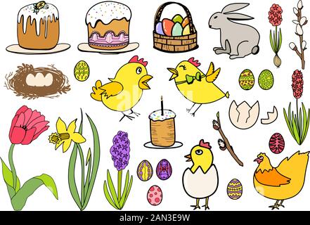 Easter Set farbige Cartoon-Kollektion niedliche Elemente isoliert auf weißem Hintergrund. Häschen, Blumen, Tulpe, Narzisse, Hyazinthe, Eier Ostern, Hühner, w Stock Vektor