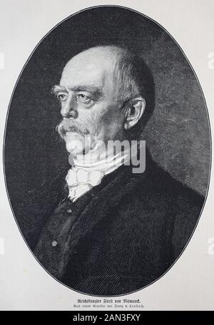 Otto Eduard Leopolds, Fürst von Bismarck, Geboren als Otto Eduard Leopold-Schönhausen, 1. April 1815 - 30. Juli 1898, Otto von Bismarck, erster Kanzler des Deutschen Kaiserreichs zwischen 1871 und 1890, / Otto Eduard Leopolds, Prinz von Bismarck, geboren Otto Eduard Leopold-Schönhausen, 1. April 1815 - 30. Juli 1898, Otto von Bismarck, erster Reichspanzler zwischen 1871 und 1890, historisch, digital verbesserte Wiedergabe eines Originals aus dem 19. Jahrhundert / Digitale Produktion einer Originalanlage aus dem 19. Jahrhunderts Stockfoto