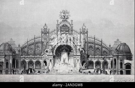 Elektrizitätsbau auf der Ausstellung Universum von 1900, Weltmesse, Paris, Frankreich, / Elektrizitätsgebäude an der Ausstellung Universum von 1900, Weltausstellung, Paris, Frankreich, historisch, digitale verbesserte Wiedergabe eines Originals aus dem 19. Jahrhundert / Digitale Produktion einer Ursprungsanlage aus dem 19. Jahrhundert. Jahrhunderts Stockfoto