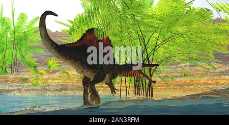 Ein Spinosaurus Dinosaurier sucht Zuflucht vor der Hitze des Tages, indem er Unterschlupf unter Palmwedeln sucht. Stockfoto