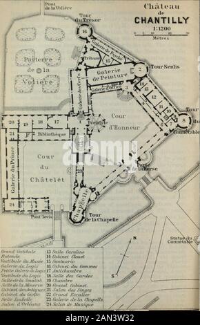 Paris und Umgebung, mit Routen von London nach Paris: Handbuch für Reisende . ist.-Curator, M. Gustave Macon. Die medisBval Burg von Chantilly, gegründet im 9. Cent, hat bis Mitte des 14. Jahrhunderts der Seigneura de Senlis gehört. Rebuiltin 1886-93 von den DOrgeraonts kam es durch Erbschaft an die Familie Montmorencyfamilie. Die CovMable Anne de Montmorency (1492-1567), die die Kampagnen und den künstlerischen Geschmack von Franziskus I. teilen, setzte PierreChambiyes ein, um das Schloss zu verändern und zu verschönern, dem später das Chatelet (siehe oben) hinzugefügt wurde. Herzog Henri von Montmorency, Annes(rrandson, Stockfoto