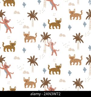 Exotische Wildkatze nahtloses Muster mit abstrakten Bäumen. Handgezeichnete, niedliche Vektortextur im Design. Stock Vektor