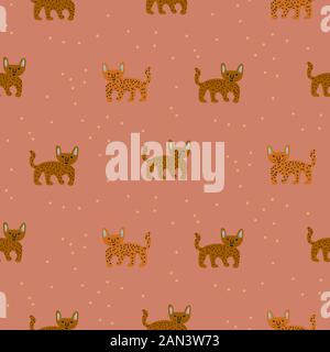 Süße wilde Gepard Kater mit nahtlosem Muster abstrakte Charaktere. Handgezeichnete, niedliche Vektortextur im Design. Stock Vektor