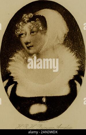 Die Romanze der Prinzessin Amelia, Tochter von George III (1783-1810), einschließlich Auszügen aus privaten und unveröffentlichten Papieren. Ha, der zweite besuchte StokeBruerne in den frühen Jahren des neunzehnten Jahrhunderts. Wahrscheinlich lebte er dann nicht dort. Seine beiden hatten in ihrer Jugend Schönheiten gefeiert; die ältere, Harriet oder Henriette, war die Lady Gros-venor, die in einer berüchtigten Klage, die ihren Namen zu prominent vor der Weltgemeinschaft in Verbindung mit einem der Kings Brüder, dem Jüngeren, dargestellt hatte. Miss Caroline Vernon, nie verheiratet.Früher, als liebenswürdiger und äußerst lebendiger Knabe Stockfoto