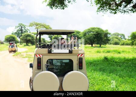 Tanzania, Serengeti National Park - Januar 03, 2020: Touristen aus utility vehicle Jeep, fotografiert wilde Tiere in Wildlife Jeep Safari. Stockfoto