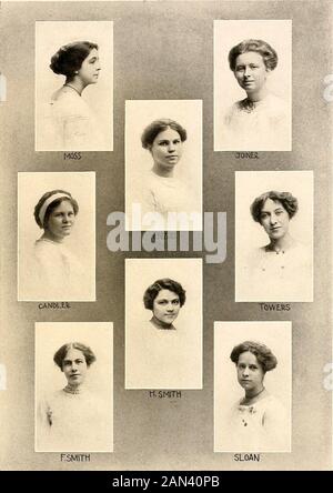 Silhouette (1912) . Junior Class Roll I. Craca-Sie ist bescheiden und mild und meek wie Moses Und einer der Stars unserer Klasse. In lateinischer Sprache zuerst, in allem clever, Mit allen shes ein liebes, modisches Lass. II Allie ist fett, Allie ist keusch, Sie chattert den ganzen Tag; Allie ist hell, Allie ist glücklich. Sie kichert das Leben weg. III Kale IST die Dame, die die Tür Öffnet, Um unsere Anrufer an Samstagabenden zu lassen;Zu ihrer Tis, die es erlaubt hat, das Telefon zu sprechen. Das wäre, wissen Sie, unsere Freude. IV Sehen Sie sich unseren Musiker Fritzie Nick-named an. Einige Tage mit ihrer Musikhülle machen unsere Klasse berühmt;Mit ihrer Musik zu gehen ist Stockfoto