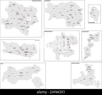 Verwaltungskarten der österreichischen Bundesländer in deutscher Sprache Stock Vektor