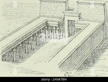 Histoire de l'Art dans l'antiquité: Égypte, Assyrie, Perse, Asie Mineure, Grece, Etrurie, Rom. Colonnes qui se dressent en arrière despiliers (Abb. 373). Dans le Temple de Khons, le portique qui entoure la cour se conti-nue devant la porte dupylône (Abb. 374); cest parun de ces entre-colonne-muls que lon pénètredans lenceinte. Non loinde là, à Louqsor, noustrouvons un tout autrearrangement; le portiquevient se Butter et sarrêtercontre la saillie intérieure la porte percée dansle pylône (Abb. 375). Comme larchitecte grec, larchitecte égyptien emploie partout Xante, cest-à-dire quil donne a Stockfoto