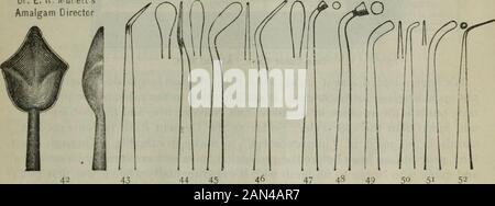 Der Zahnkosmos . Gutta-Percha-Instrumente. Dr. E. R. IVul ettsAmalgam Director. 47 48 49 50 51 5- PREISE. File-Cut-Griffe, vernickelt. Nr. 30 und 31. Je 50 Cent 32 bis 34. 40 Nr. 35. . 50 36. 4fe^54o Nr. 37 bis 41. 50 Nr. 42 an C. S. Griff Nr. 1 oder 2 . 60 Nr. 42 an C. S. Griff Nr. 10. 75 Nr. 43 bis 48 (Woodsons) Double-End. 75 Nr. 49 bis 52. 50 Steckdosen. Nr. 30 und 31 je 35 Cent. 32 bis 34Nr. 35. 36. •-Nr. 37 bis 41Nr. 42 Nr. 43 bis 52 LXXXV 25 352535503517 WESTONS UNLÖSLICHER ZEMENT. Stockfoto