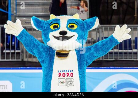 Lausanne, Schweiz. Januar 2020. Yodli, das offizielle Maskottchen der Olympischen Winterspiele 2020 in Lausanne in der Skating Arena. Kredit: Iain McGuinness / Alamy Live News Stockfoto