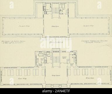 Tuberkulose Krankenhaus und Sanatorium Bau; . llu i i uli SSAOND £ Tv/AD flouE Pzyif/ J}/K£X^/J&gt;£ ./ASP/TAL Nr. 48.-Riverside Hospital, New York City. Entworfen von Dr. Hermann M. Biggs. Westervelt & Austin, Architekten. Betonpavillon für Advanced Cases. Vordere Höhen- und Bodenpläne. Kapazität, 78 Patienten. Geschätzte Kosten: 40.000 Us-Dollar. 95 Abschnitt IV besteht aus Büro, Schlafzimmer, Bad und toilette, befindet sich im ersten Stock im Ostflügel. Der Haupteingang befindet sich im ersten Stock in der Mitte des Gebäudes und führt durch ein Treppenhaus zu allen Etagen. Die hinteren Verlängerungen an den Enden o Stockfoto