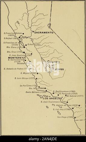 Die kalifornischen Vorhänger und ihre Missionen. Untain at Mission San LuisRJEY 34 San Antonio de Pala 47 San Juan Capistrano 63 One of the Bells, Mission San Juan Capistrano 66 San Gabriel Arcangelo 91 San Fernando 109 In the Rulned Church, Mission San Fernando .114 San Buenaventura 137 xi Santa Barbara 155 / Brüder der Franziskaner bei Der Arbeit, Mission SantaBarbara 162 Santa In£s 177 La Purisima 205 San Luis Obispo 225 San Miguel Arcangel 245 - San Antonio de Padua 261 Alter Adobe-Bau, yas soll als Gefängnis in Mission San Antonio de Padua eingesetzt worden sein. 266 Ein interessantes Überleben des Missionsarchitekten Stockfoto