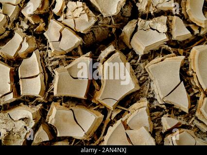 Rissige Erde Oberfläche aus Hellbraun Boden Material, Nähe detaillierte Ansicht. Stockfoto