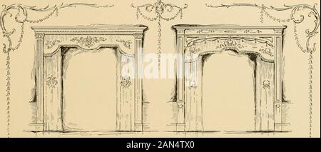 Künstlerische Heimat: die Einsichtnahme in die moderne Hausfrau geben Hundert verschiedene Ideen für die Verschönerung des Hauses; jede Abbildung ein neuer Gedanke. . Breite Türen - * t | l IMPI&lt; ICITY und Eleganz sind an der Tagesordnung. Die breite Tür links hat eine geformte Schürze, mit ein paar geraden Vorhänge von alten Gold velonrappliqued mit beleuchteter Leder in heraldischen Design. Die Schürze hat Fransen am Rand. Dieser Effekt issuitable für eine Bibliothek oder ein Esszimmer und harmoniert vor allem mit Mahagoni oder Eiche. Die Tür auf der rechten Seite, mit Bogen unter dem Gesims, hat eine geformte Schürze ein Stockfoto