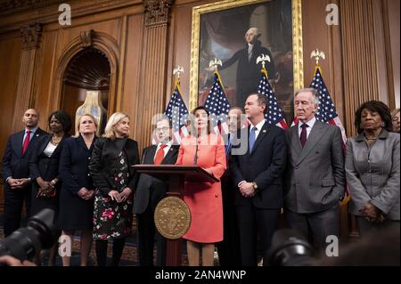 Washington, DC, USA. 15 Jan, 2020. Januar 15, 2020, Washington, DC, USA: US-Vertreter Nancy Pelosi (D-CA) bei der Ausfertigung Zeremonie zur Unterzeichnung der Amtsenthebung. Quelle: Michael Brochstein/ZUMA Draht/Alamy leben Nachrichten Stockfoto