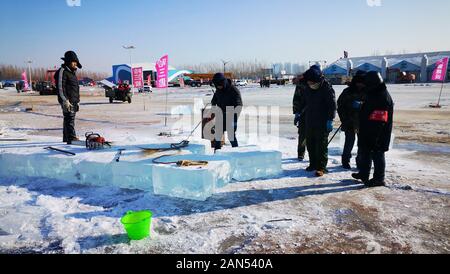 Arbeiter bauen 2019 Harbin Eis und Schnee Welt für die kommende kulturelle Festival in der Stadt Harbin, im Nordosten Chinas als der Schauplatz einzigartigen Ice und s Stockfoto