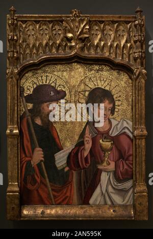 Apostolado. Santiago el mayor y San Juan. Atribuído al Maestro de Ventosilla. 1501-1533. Óleo sobre Tabla. Museo de las Peregrinaciones y de Santiago. Santiago de Compostela. Estado de La Coruña. Galizien. España. Stockfoto