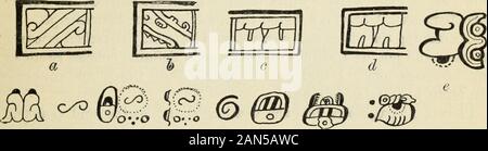 Mexikanischen und Zentralamerikanischen Antiquitäten, Kalender, und Geschichte; f, meine Theorie. fOrstemannI Serie von Zahlen, DRESDEN CODEX 469 Alle diese Bilder an der Spitze, die Rechtecke, von denen 1 in meinem Erlanterimgen, Seite 10 gesprochen habe, und die immer enthalten zwei oder drei Glyphen, dass mit viel Zögern, ich tointerpret wie die Symbole der Sonne, des Mondes und der Planeten geneigt war verbunden sind. Keine seriouscontradiction dieser Theorie Bisher folgte. Als Symbol des Saturn, ich habe in dem Artikel a oder Abbildung 109: Diese Zahlen sind tatsächlich in allen neun pic gefunden - Tur Stockfoto