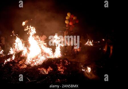 Vieh Sprung über das Feuer zusammen mit ihren Hundeführern während des Festivals. Kichchu haisodu ist ein Festival, das nach der Ernte Saison, wo Stiere über dem Feuer auf Makar Sankranti für gutes Omen gesprungen sind. Es gibt auch einige wissenschaftliche Grund laut der Einheimischen, die im Winter Insekten wächst auf dem Vieh Skins, so, es loswerden die Rinder werden über das Feuer zu springen. Stockfoto