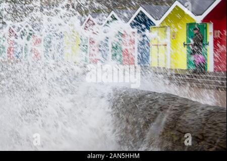 Barry, Tal von Glamorgan, Wales, UK. 14. Januar 2020. Eine Flut und Sturm Winde kombinieren Sie am frühen Morgen die Spaziergänger und Hunde entlang der Prom zu fangen Stockfoto