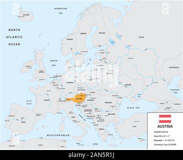 Lage von Österreich auf dem Europäischen Kontinent mit kleinen und Flagge Stock Vektor