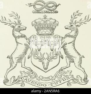 Visitation von England und Wales. iQg^ iag^ Ich^^^^^^^^^ aiiii ii ii)^^. DEVONSHIRE. Arme auf Datensatz in das Kollegium der Armen.-Sable drei Dollars Köpfe caboshed Argent. Crest. - eine Schlange, die ordnungsgemäße nowed. Unterstützer. - Zwei Böcke ordnungsgemäße jedes wreathed um den Hals mit einem Kranz aus Rosen abwechselnd Argent und Azure. Motto. - Cavendo Tutus. 33 cl) ou 0 l) ire" William Cavendish, LL.D. (Sohn von George Augustus=y = Hon Louisa, ältester dau. von Cornelius, Henry, ist Earl of Burlington [3. Sohn des Williani, 4. Herzog von Devonshire, K.G.], von Lady Kli/abctlihis Frau, dau.und lieir von Charles, 7. Karl ofNorthampton); Geboren 10 April Stockfoto