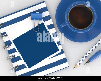 3D-Render von Schreibwaren mit Textile Color Swatch liegen auf Holzschreibtisch. Classic blau. Farbe des Jahres 2020. Stockfoto