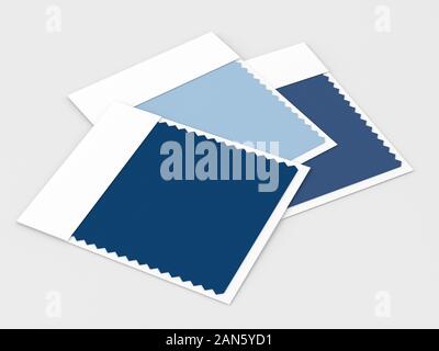 3D-Render von textilen Farbmuster liegen auf Holzschreibtisch. Classic blau. Farbe des Jahres 2020. Stockfoto