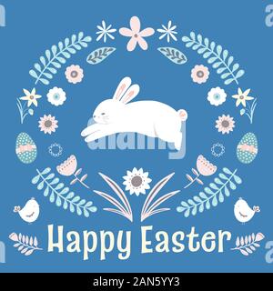 Frohe Ostern Karte mit Bunny und floralen Kranz. Vektor Frühling grüße Design. Stock Vektor