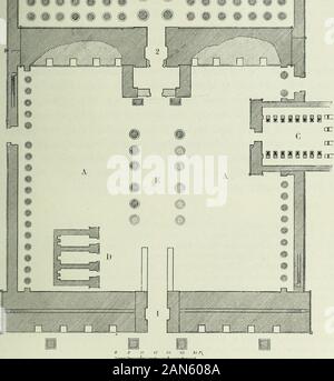 Histoire de l'Art dans l'Antiquité: Égypte, Assyrie, Perse, Asie Mineure, Grece, Etrurie, Rom. 21 t. - Le Grand Temple de Karnak, Partie antérieure, Plan de M.Brune. LE TEMPLE DU NOUVEL EMPIRE. 371 Lui, pour plusieurs autres édifices, pylônes isolés el Tempel, Elle a de 2300 à 2400 mètres de Développement, ce qui entsprechen Bien aux 13 Stadien de tour Diodore indique que pour le plus ancien De quatreprincipaux Tempel de Thèbes 1. Franchissons le Premier pylône (1 du Plan); nous nous trouvonsdans une Cour péristyle rectangulaire (A A) qui entsprechen à Celle de dutemple Khons. Nous laissons de Stockfoto