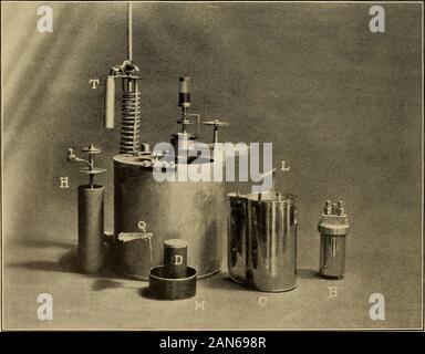 Latente Wärme aus Eis. Abb. 1.- Das kalorimeter, montiert als verwendet. Abb. 2.- Das kalorimeter, Detail der Teile osbkoinSe° nHarper] Latente Wärme aus Eis 239 vermutlich über 1 Teil im Jahr 2000); und aus diesem Grund die weniger pre-cise Methode von Mischungen, die als direkte und independantcheck verwendet wurde. Die Methoden der Manipulation sind mehr in detaillater beschrieben (s. 242-245). 2. Kalorimeter eine kalorimetrische Outfit, ursprünglich entwickelt für die Verwendung mit combus- Bomben, aber das hat sich sehr gut auf variouscalorimetric Probleme angepasst, ohne Modifikationen für thepresent Untersuchung verwendet wurde. Stockfoto