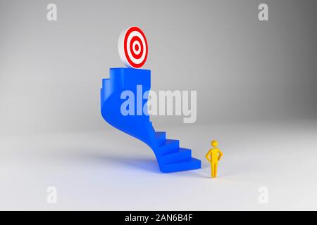 3d Team Geschäftsmann ins Ziel am oberen Ende der Treppe. Das Konzept der Start der Arbeit und das Ziel der Mannschaft. 3D-Rendering Stockfoto