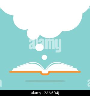 Buchen Sie mit Orange Book Cover und großen weißen Sprechblase heraus fliegen. Auf Pulver blau Hintergrund isoliert. Flache lesen Symbol. Vector Illustration. Stock Vektor
