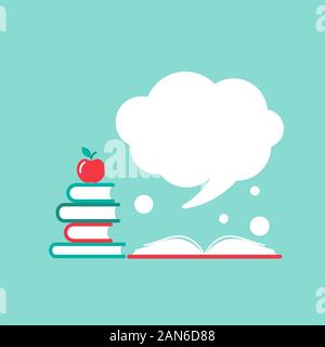 Stapel von Büchern und offenes Buch mit orangefarbenen und weißen Sprechblase heraus fliegen. Auf Pulver blau Hintergrund isoliert. Flache lesen Symbol. Vektor illus Stock Vektor