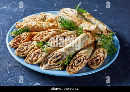 Buchweizen Crêpe-Brötchen mit Fleisch, Gemüse und Pilze auf einem Schild an einer konkreten Tabelle, Ansicht von oben, close-up Stockfoto