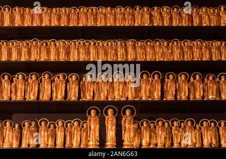 Tausend hölzerne Statuen des Buddha Sentaibutsu auf der Wand des Tennoji Tempel des Tendai Buddhismus in der yanaka Friedhof von Tokio. Stockfoto