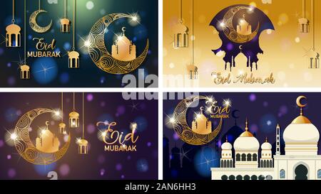Vier Hintergründe für muslimische Festival Eid Mubarak Abbildung Stock Vektor