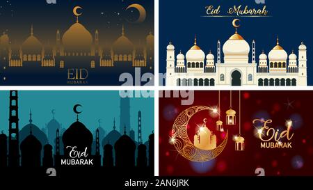 Vier Hintergründe für muslimische Festival Eid Mubarak Abbildung Stock Vektor