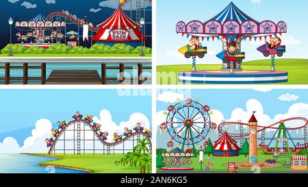 Vier Hintergrund Szenen mit glücklichen Affen im Zirkus park Abbildung Stock Vektor
