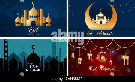 Vier Hintergründe für muslimische Festival Eid Mubarak Abbildung Stock Vektor