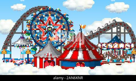 Szene mit Achterbahn und Riesenrad in den Wolken Abbildung Stock Vektor