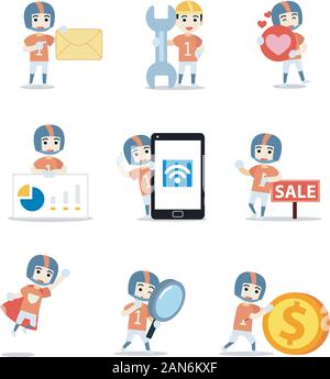 Satz von Zeichen mann Athlet des American football player in der Teamarbeit. Stock Vektor