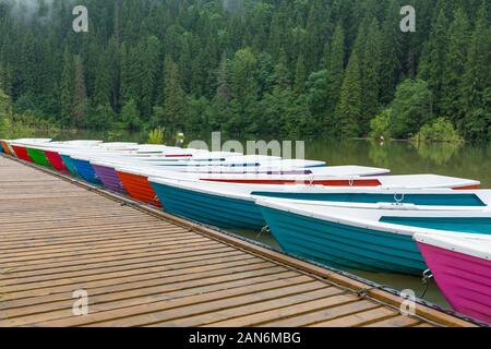 Bunte Boote/Ruderboote, die am roten See in siebenbürgen aufgereiht sind. Karpatenwälder im Hintergrund. Ruhige Landschaft. Reiseziel. Stockfoto