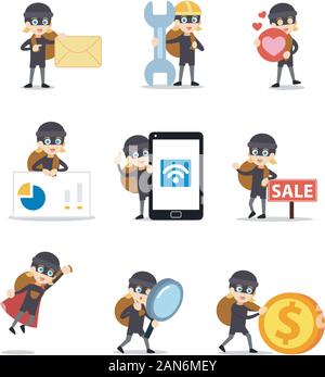 Satz von Zeichen weiblich Bandit tragen ein Räuber Maske. Stock Vektor